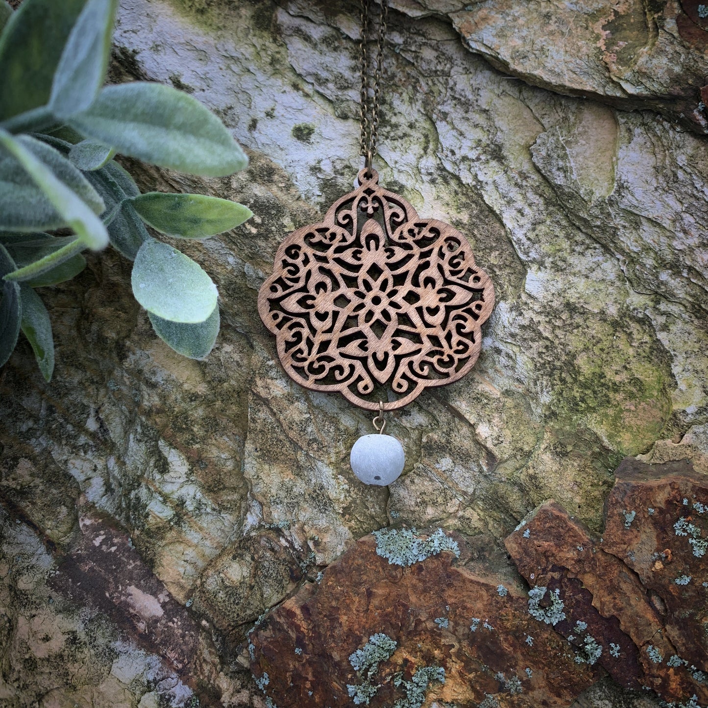Birch Wood Medallion Pendant with Concrete Bead Necklace, Natural, Boho, Layering Necklace - Wood and Concrete Collection