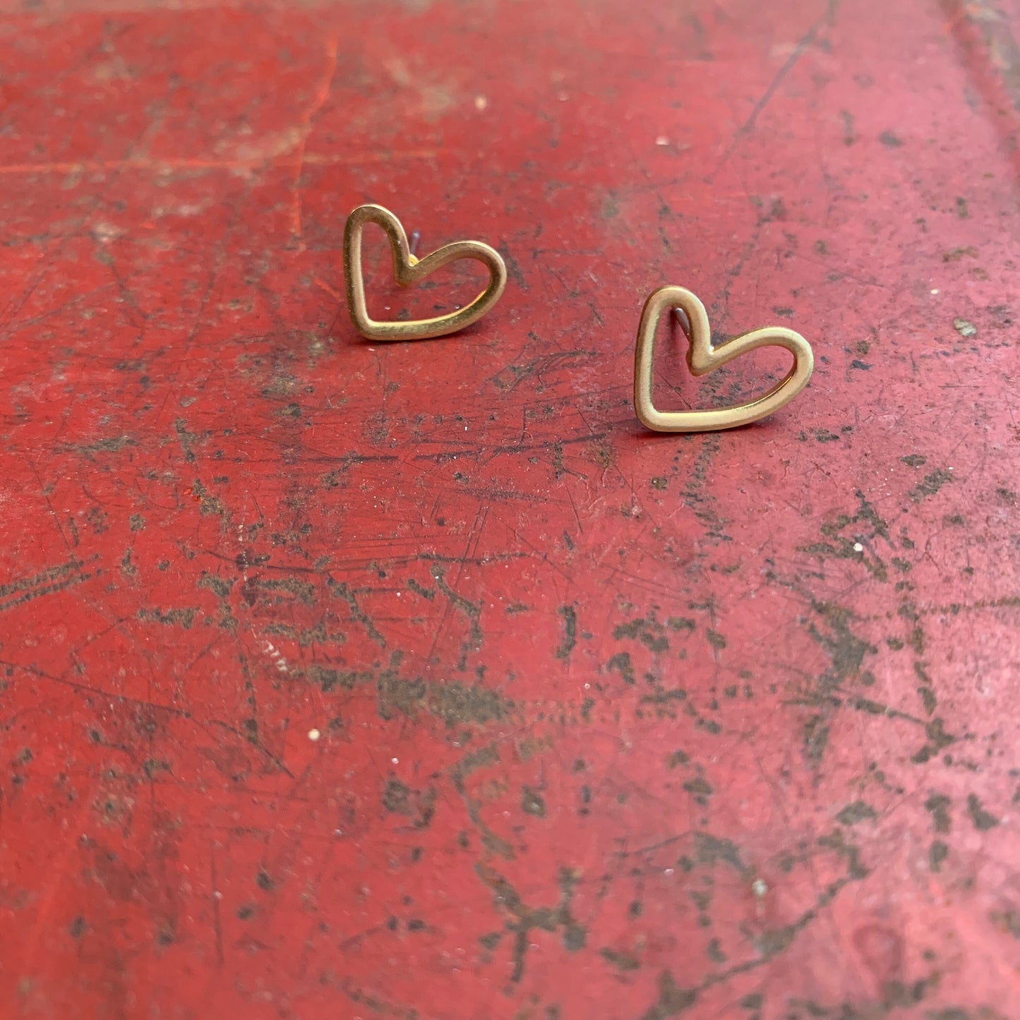 Open Heart Brass Stud Earrings, Minimalist Metal Collection