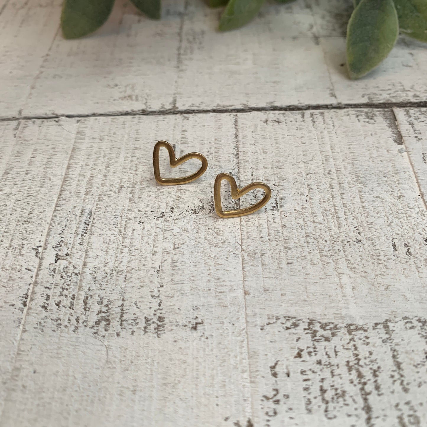 Open Heart Brass Stud Earrings, Minimalist Metal Collection