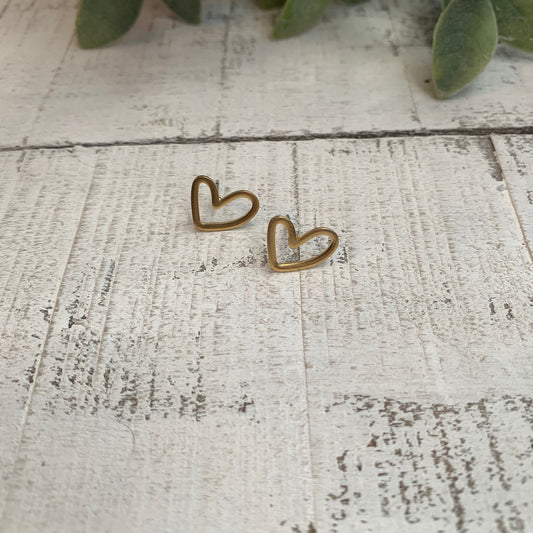 Open Heart Brass Stud Earrings, Minimalist Metal Collection