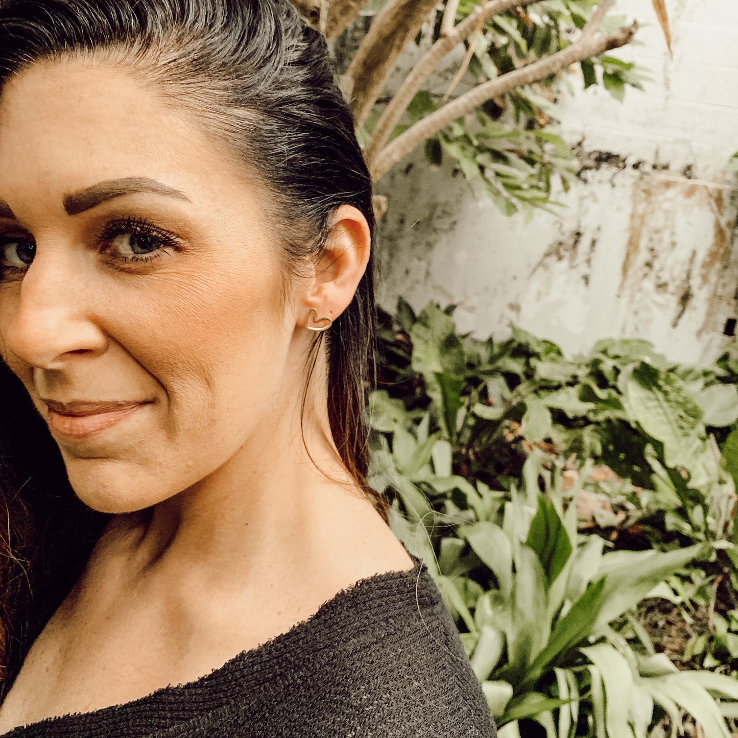 Open Heart Brass Stud Earrings, Minimalist Metal Collection