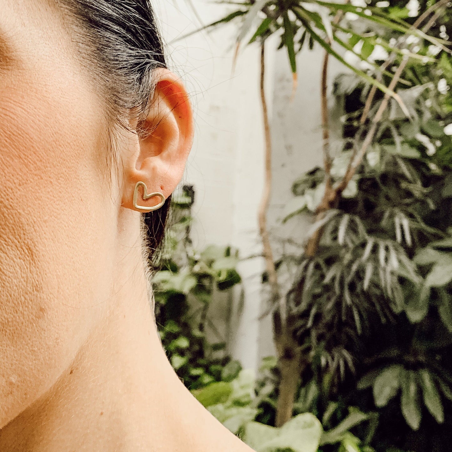 Open Heart Brass Stud Earrings, Minimalist Metal Collection