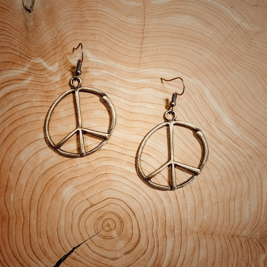 Peace Sign Earrings Antique Bronze Metal Bohemian Hippie Style