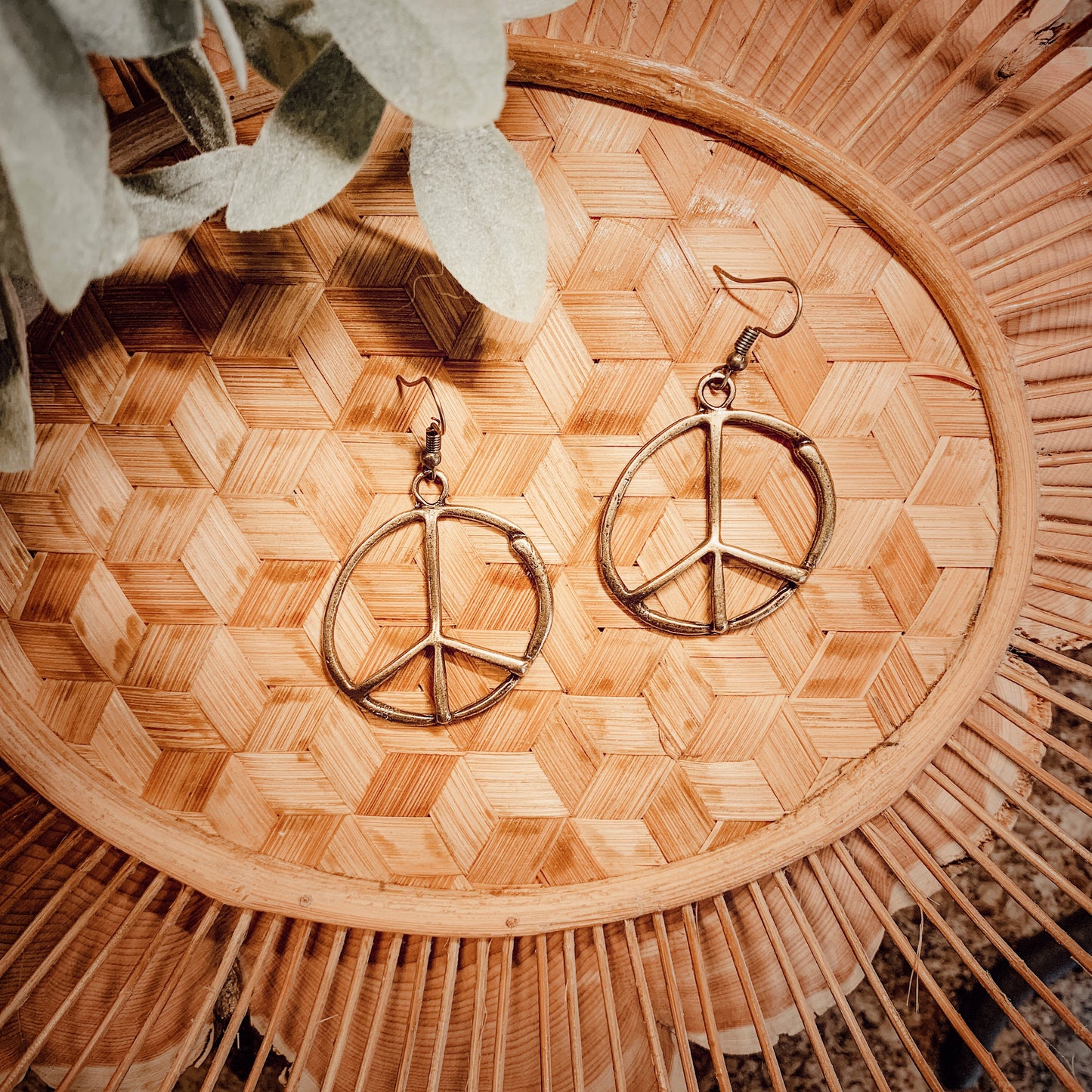 Peace Sign Earrings Antique Bronze Metal Bohemian Hippie Style
