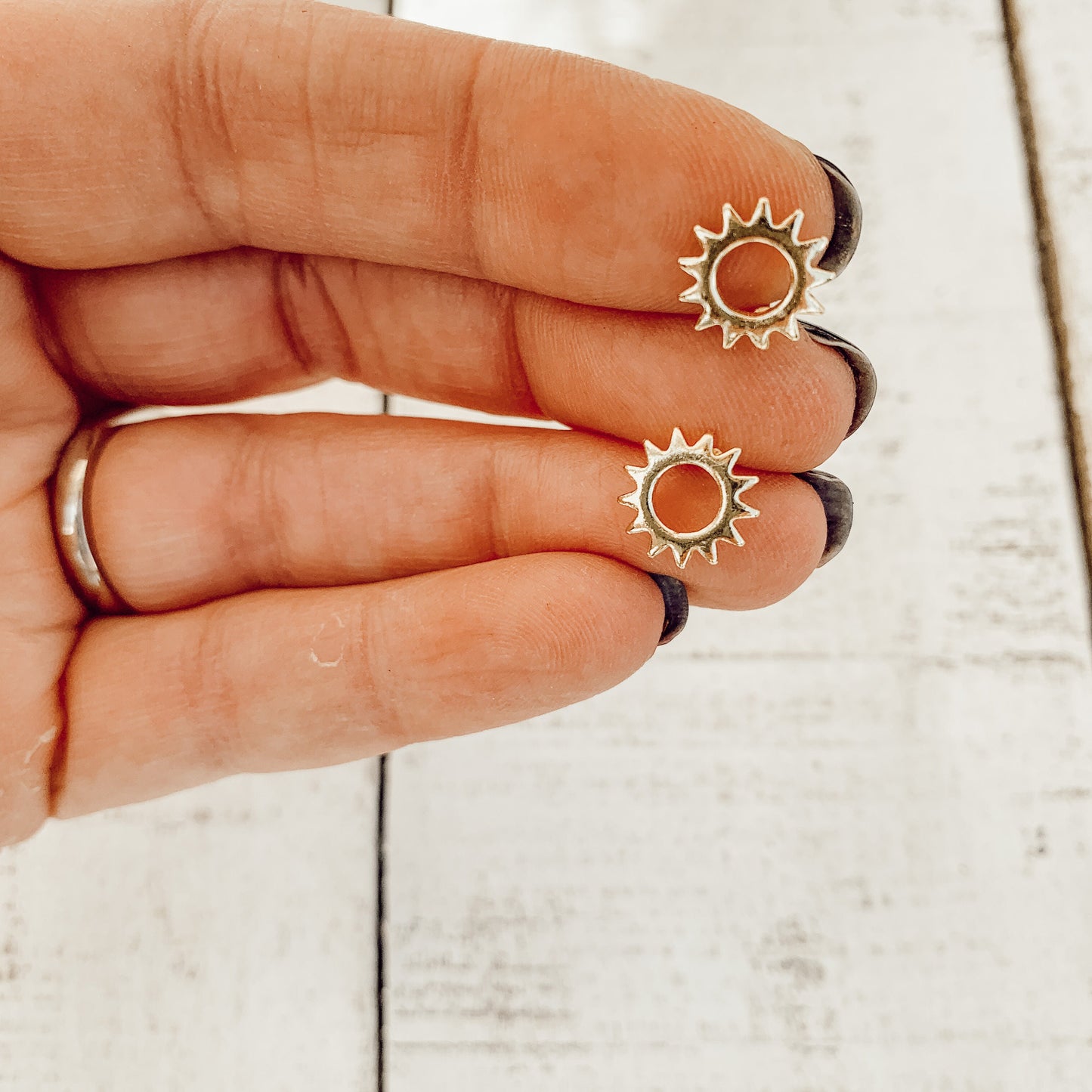 Tiny Brass Circle Sunshine Boho Stud Earrings, Sunburst