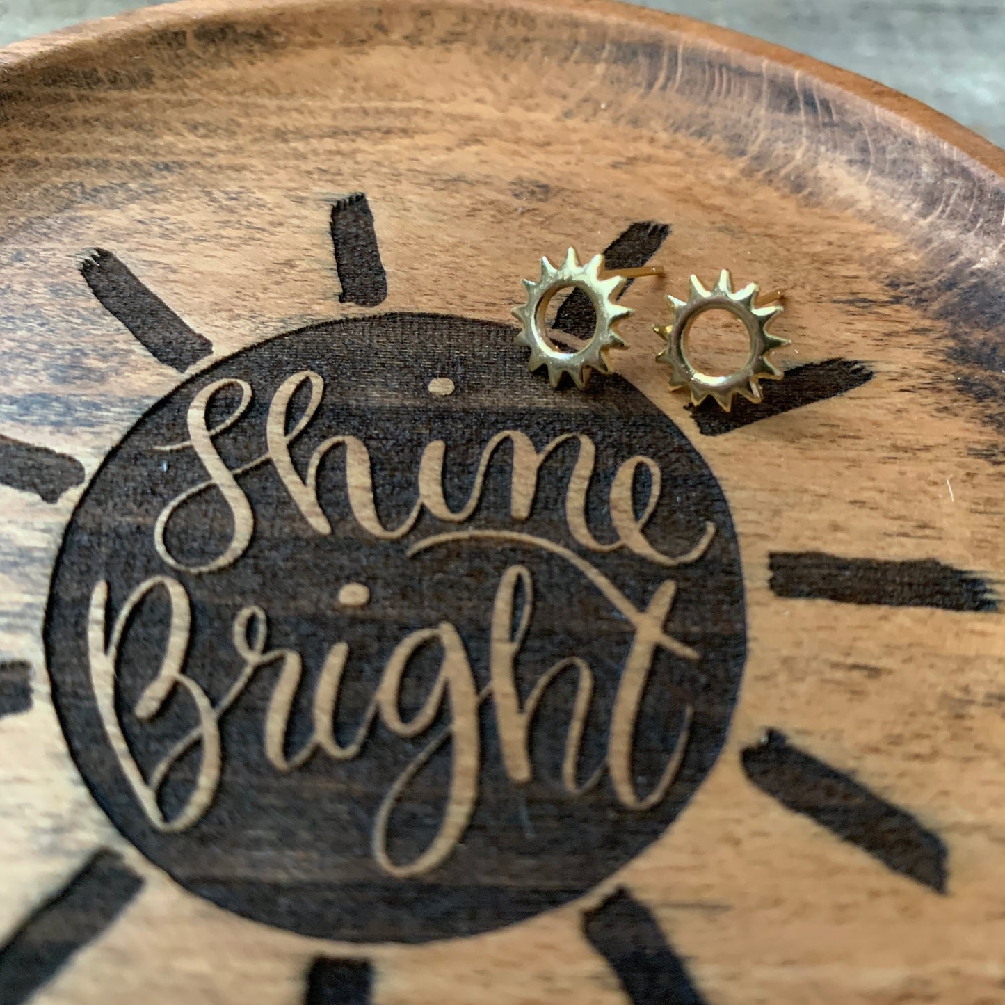 Tiny Brass Circle Sunshine Boho Stud Earrings, Sunburst