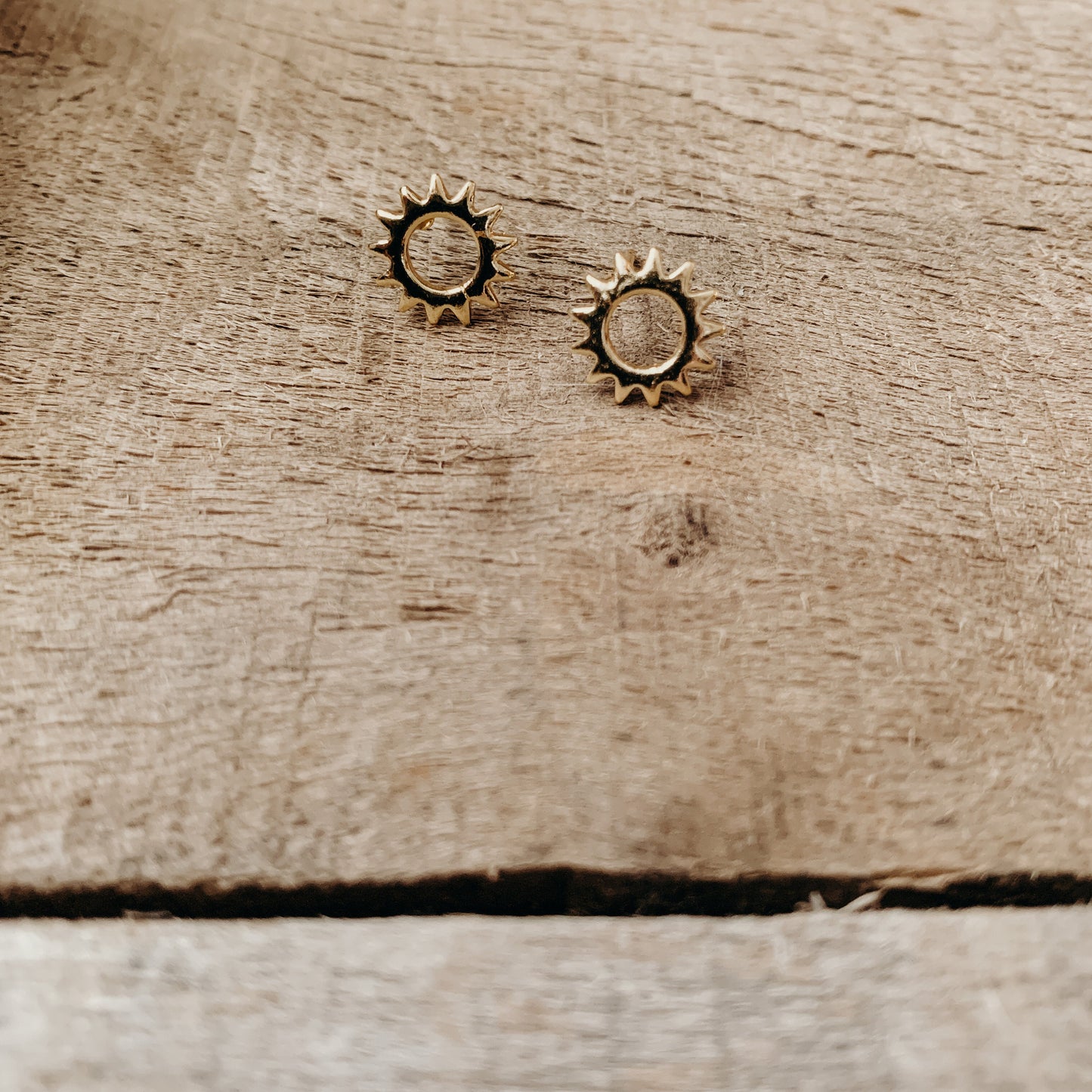 Tiny Brass Circle Sunshine Boho Stud Earrings, Sunburst