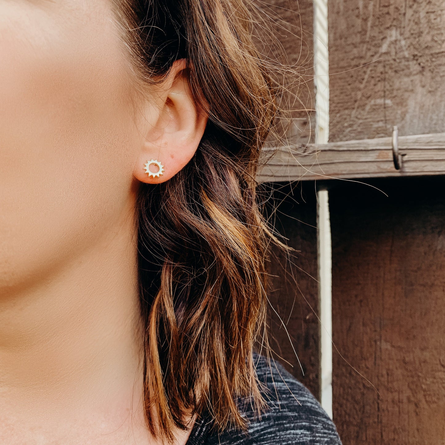 Tiny Brass Circle Sunshine Boho Stud Earrings, Sunburst