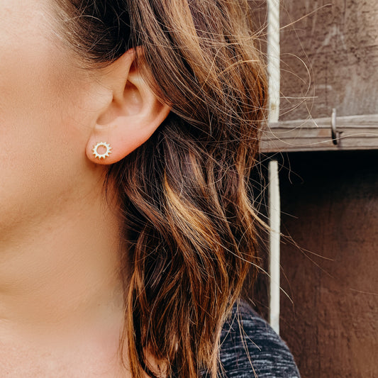 Tiny Brass Circle Sunshine Boho Stud Earrings, Sunburst