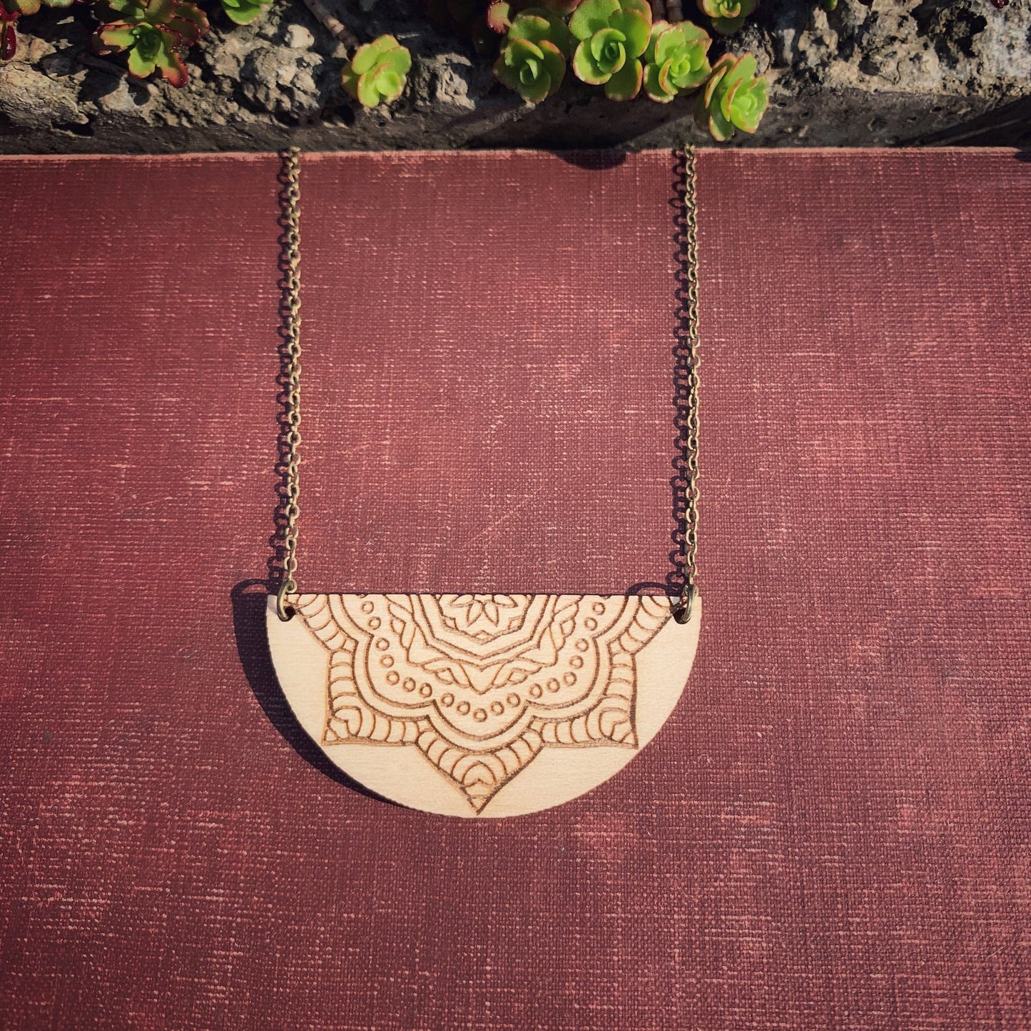 Wooden Half Moon Mandala Necklace - Boho Hippie Laser Cut Pendant - Positive Natural Jewelry