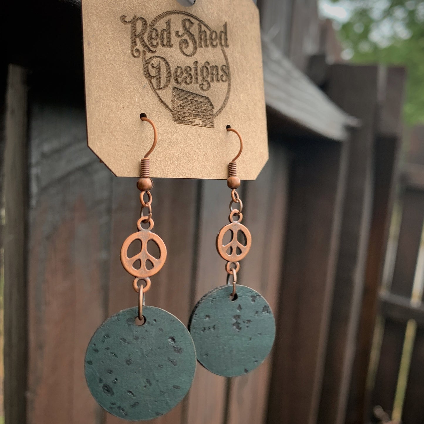 Copper Peace Sign with Dark Green Cork Circle Earrings