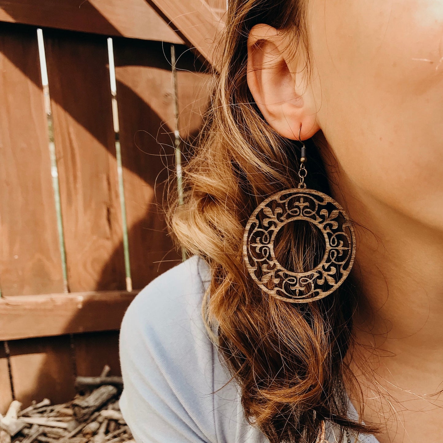 Boho Wood Earrings Lightweight Hoop Circle, Feminine Details