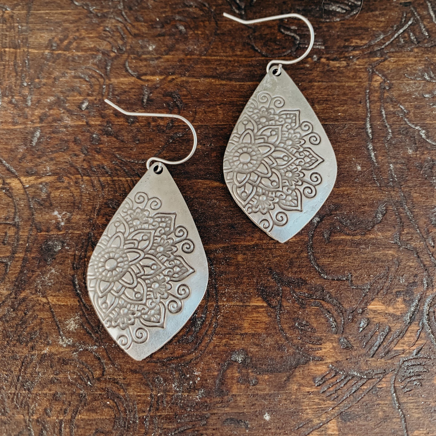 Silver Metal Bohemian Teardrop shape with Flower Stamped Imprint