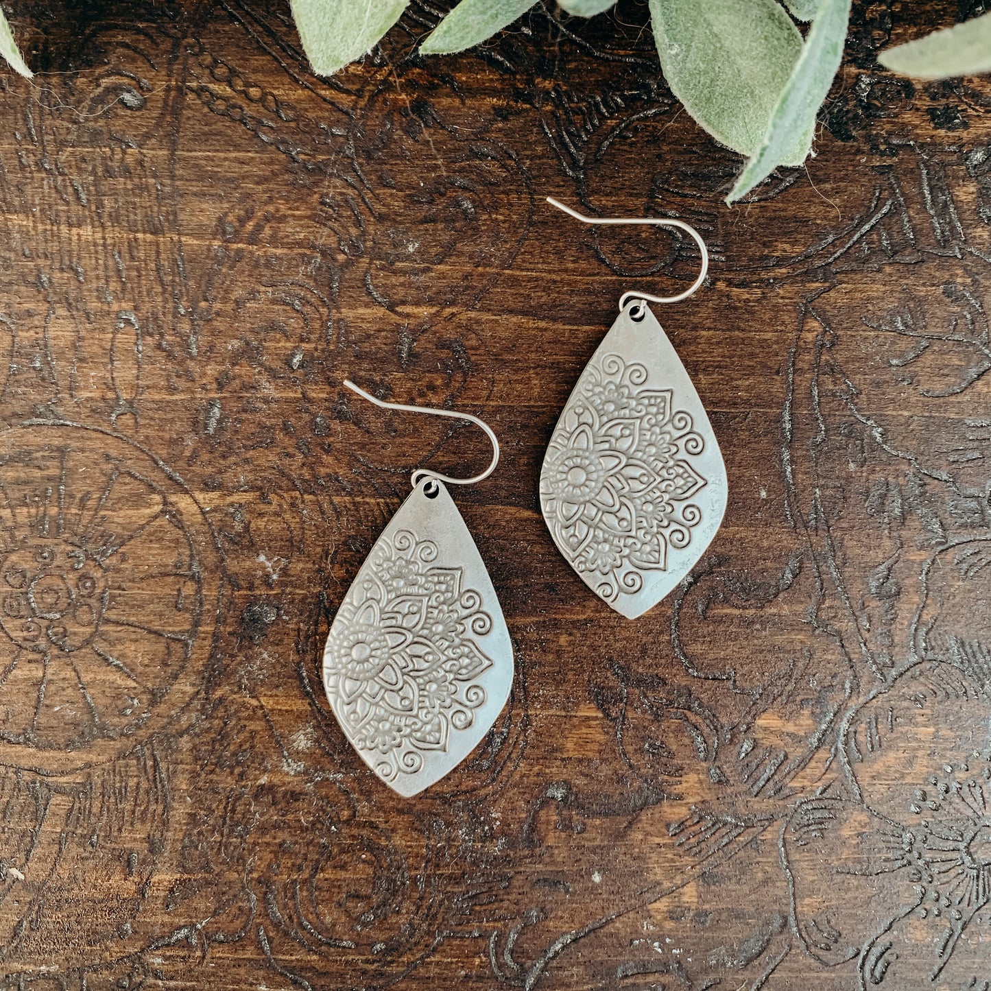 Silver Metal Bohemian Teardrop shape with Flower Stamped Imprint