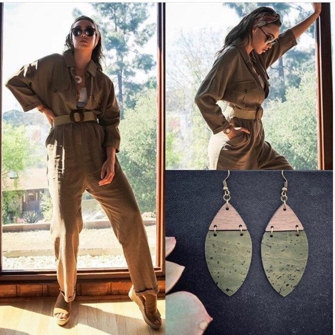 Boho Olive Green Cork & Walnut Wood Earrings