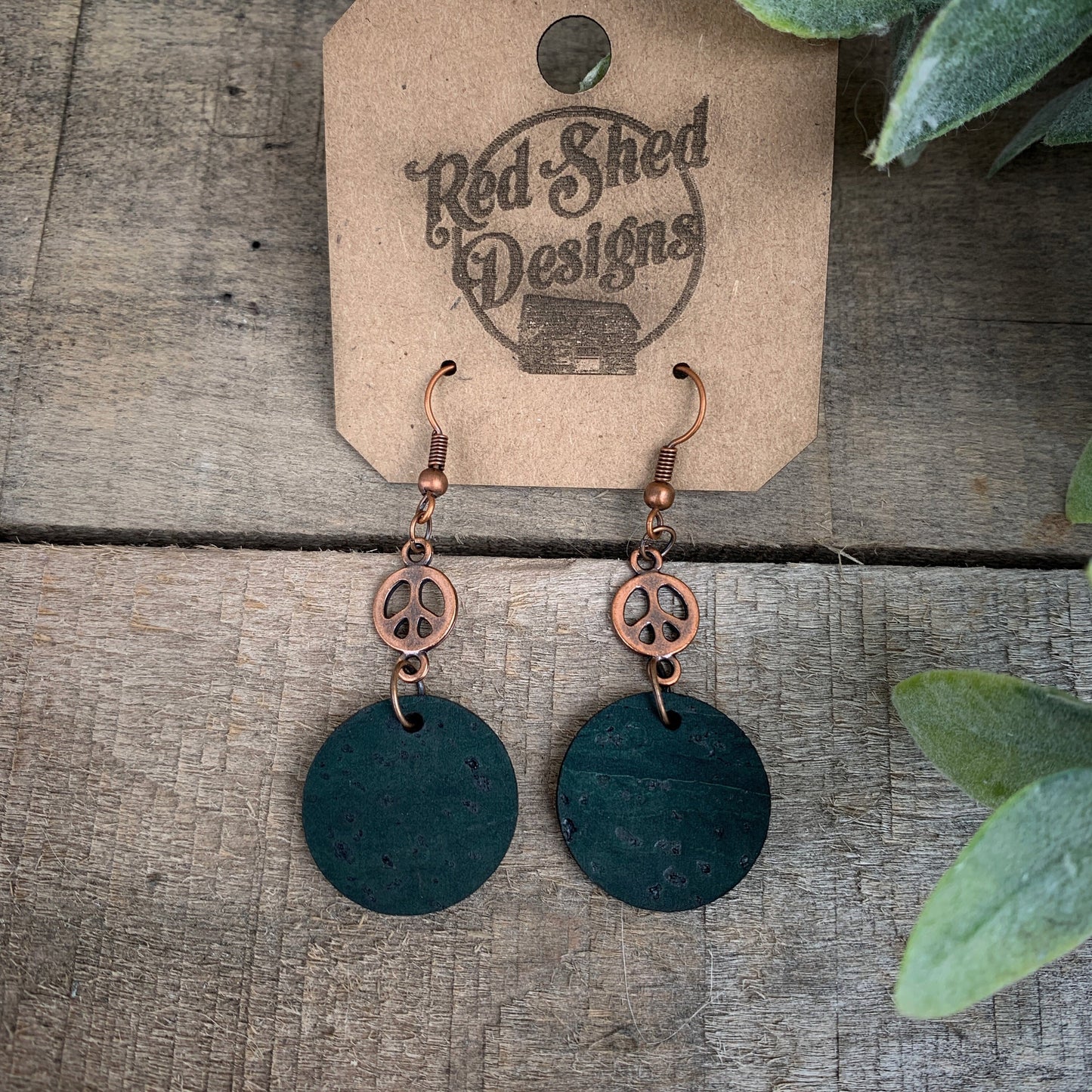 Copper Peace Sign with Dark Green Cork Circle Earrings