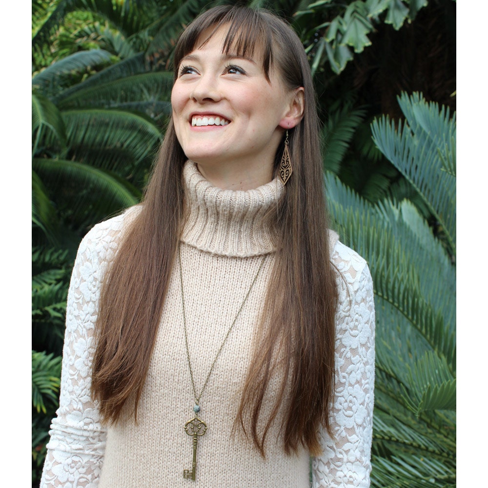 Key Antique Necklace with African Matte Stone Bead - Skeleton Key