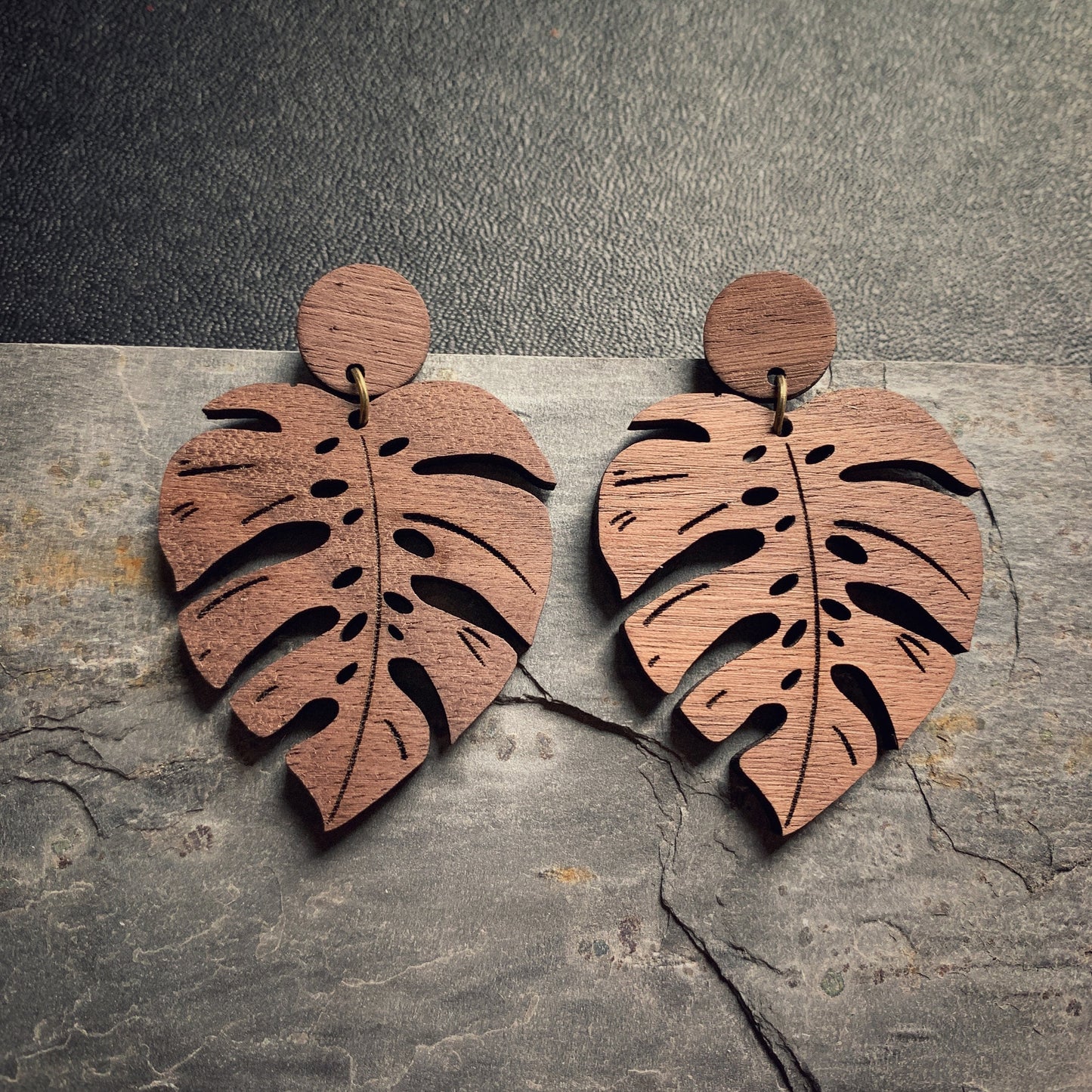 Walnut Wood Monstera Leaf Dangle Stud Earrings - Laser Cut Statement Earrings- Lightweight