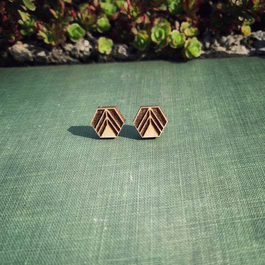 Geometric Birch Wood Stud Earrings, Boho, Minimalist