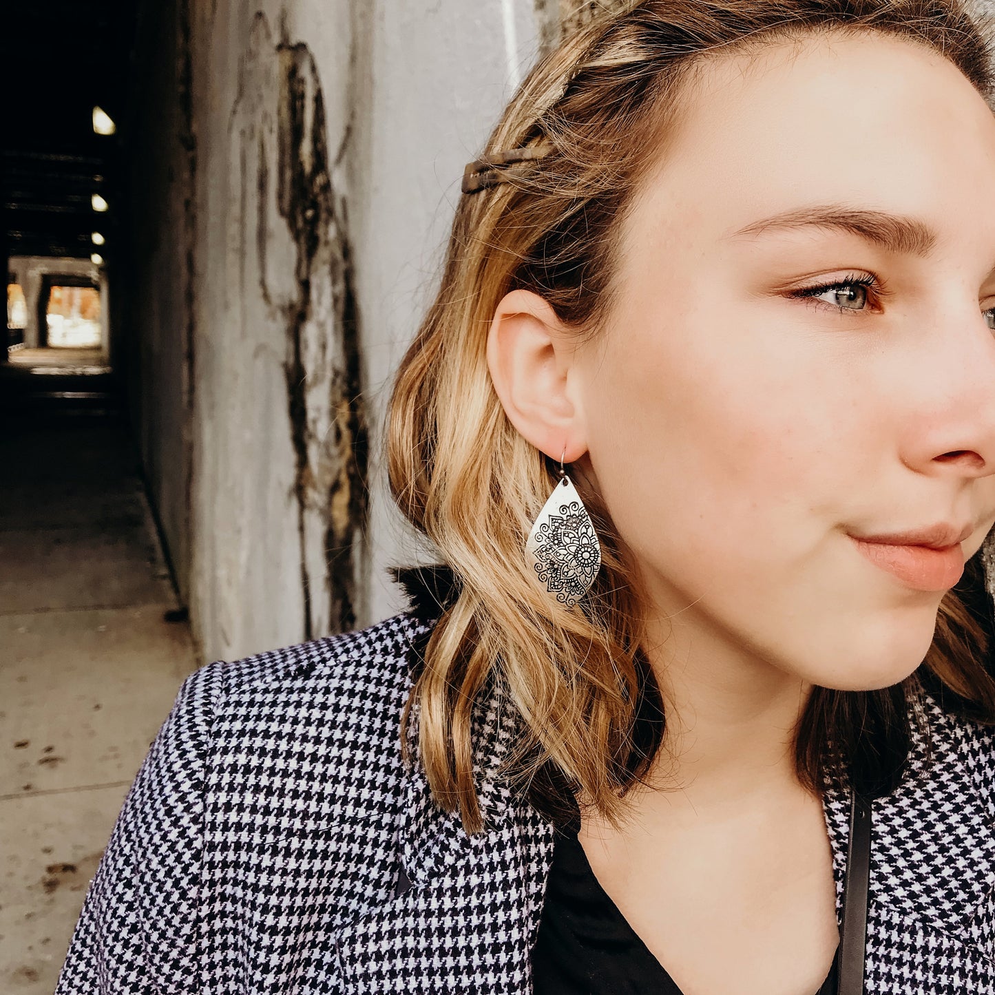 Silver Metal Bohemian Teardrop shape with Flower Stamped Imprint