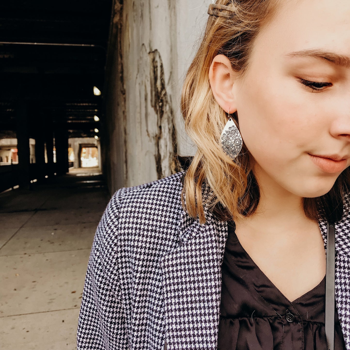 Silver Metal Bohemian Teardrop shape with Flower Stamped Imprint