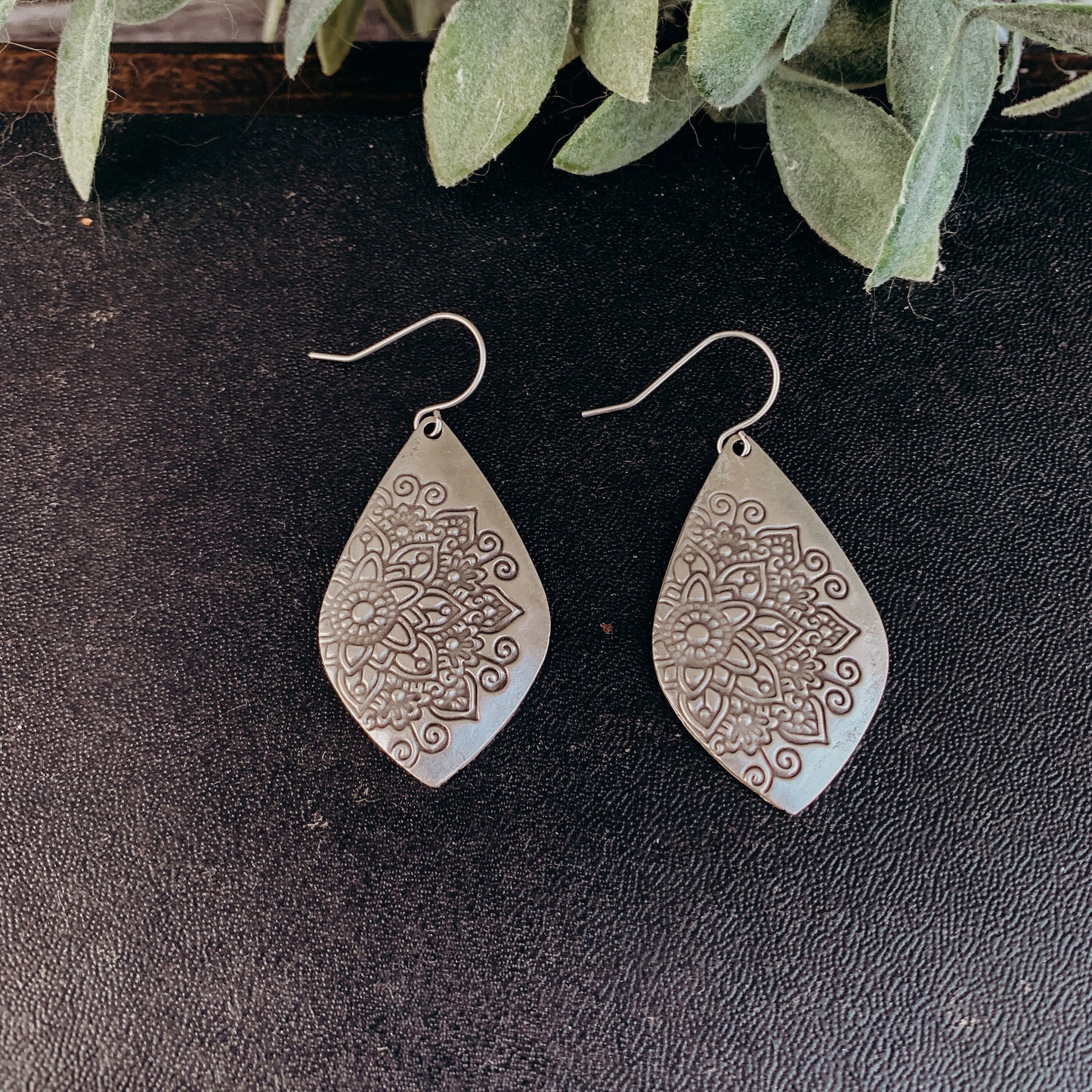 Silver Metal Bohemian Teardrop shape with Flower Stamped Imprint