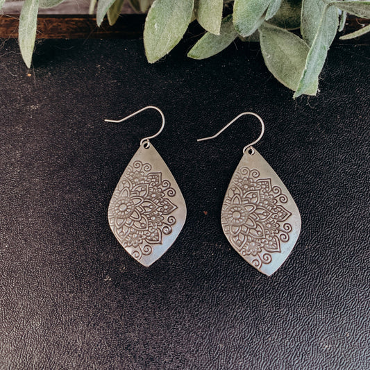 Silver Metal Bohemian Teardrop shape with Flower Stamped Imprint