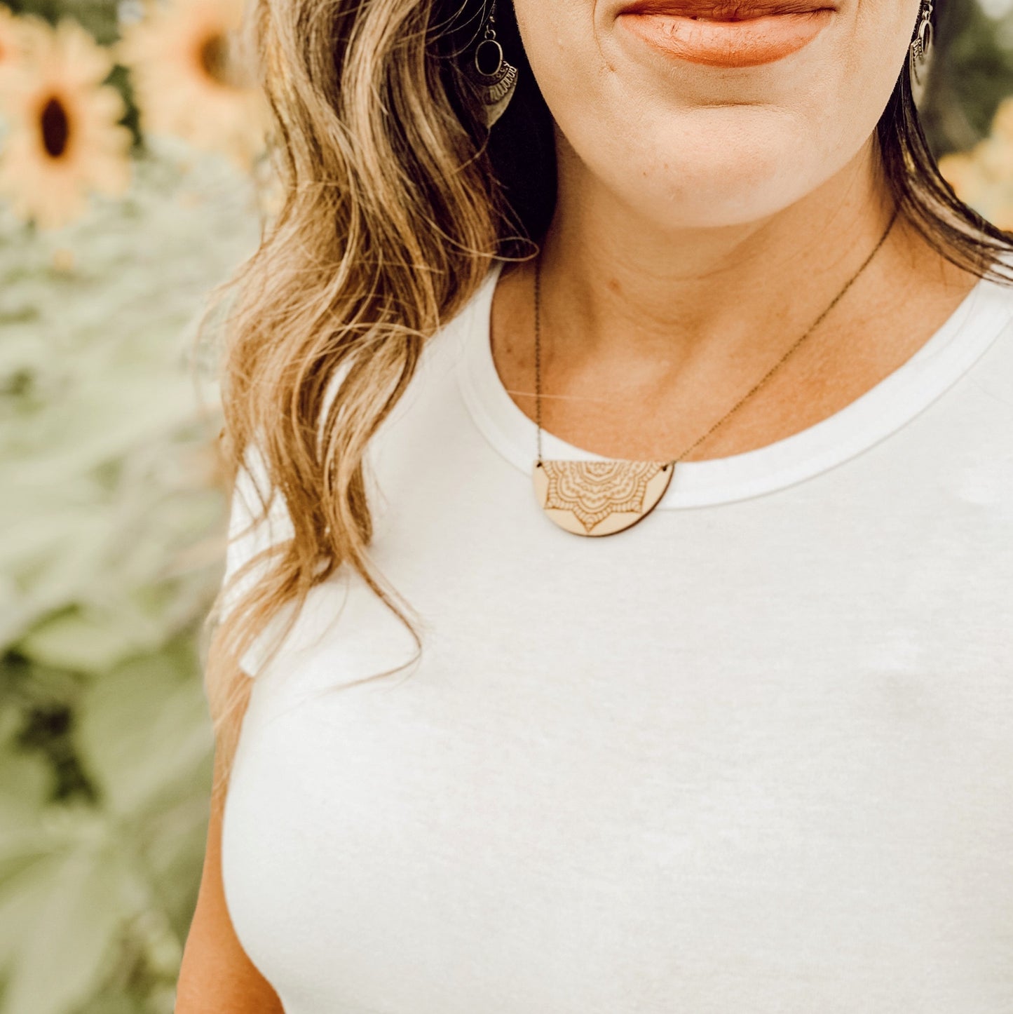 Wooden Half Moon Mandala Necklace - Boho Hippie Laser Cut Pendant - Positive Natural Jewelry