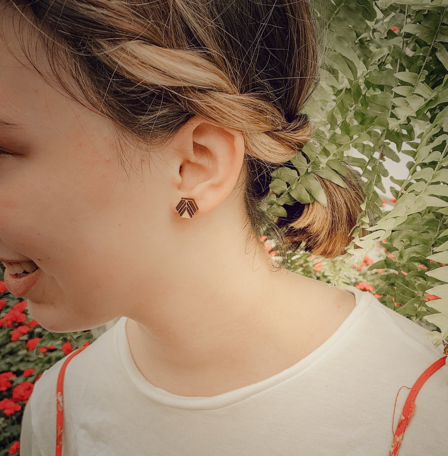Geometric Birch Wood Stud Earrings, Boho, Minimalist