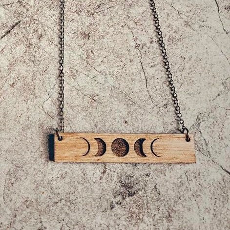 Bohemian Moon Phases Wood Bar Necklace - Minimalist - Laser Made Wood Necklace