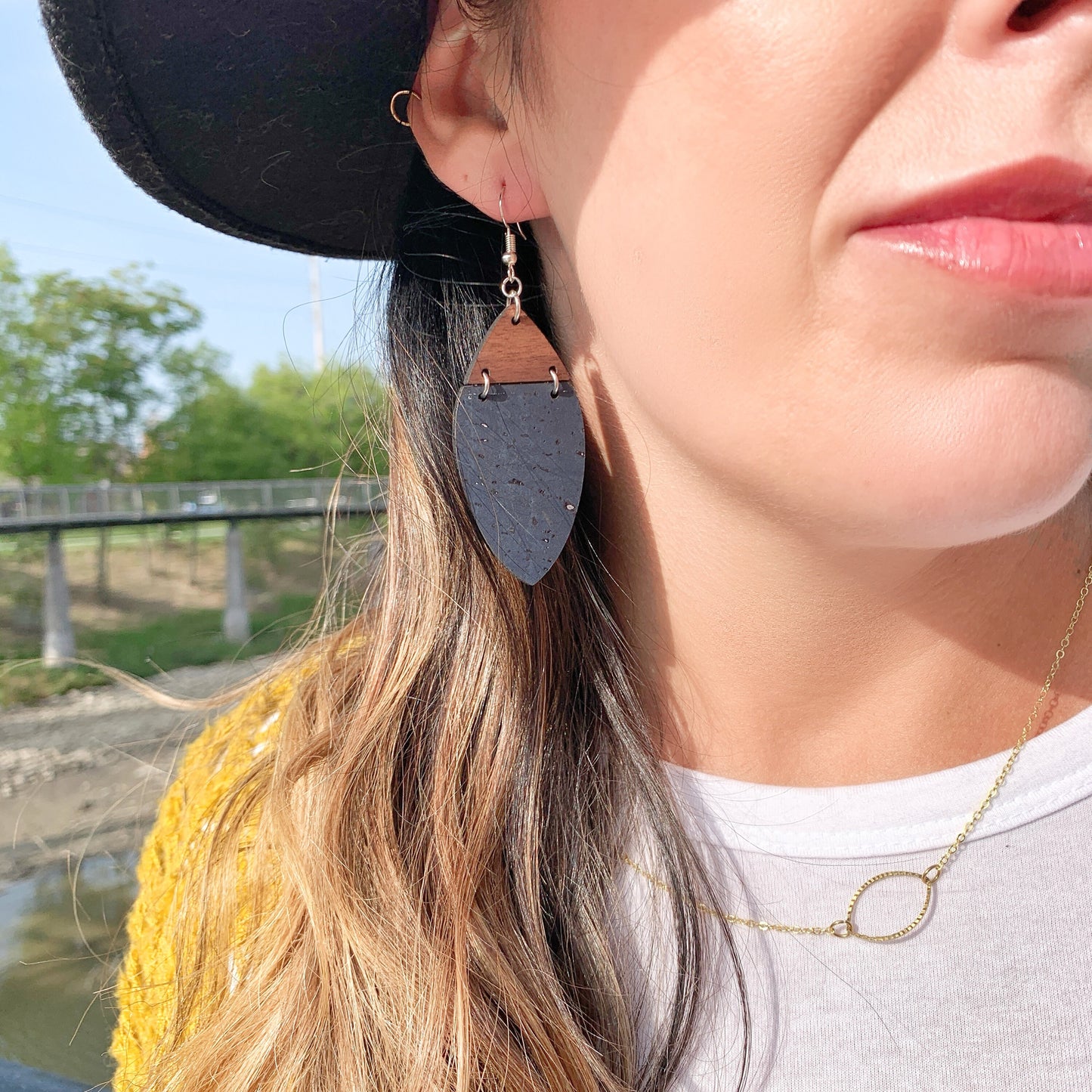 Boho Navy Cork & Walnut Wood Earrings  - Lightweight