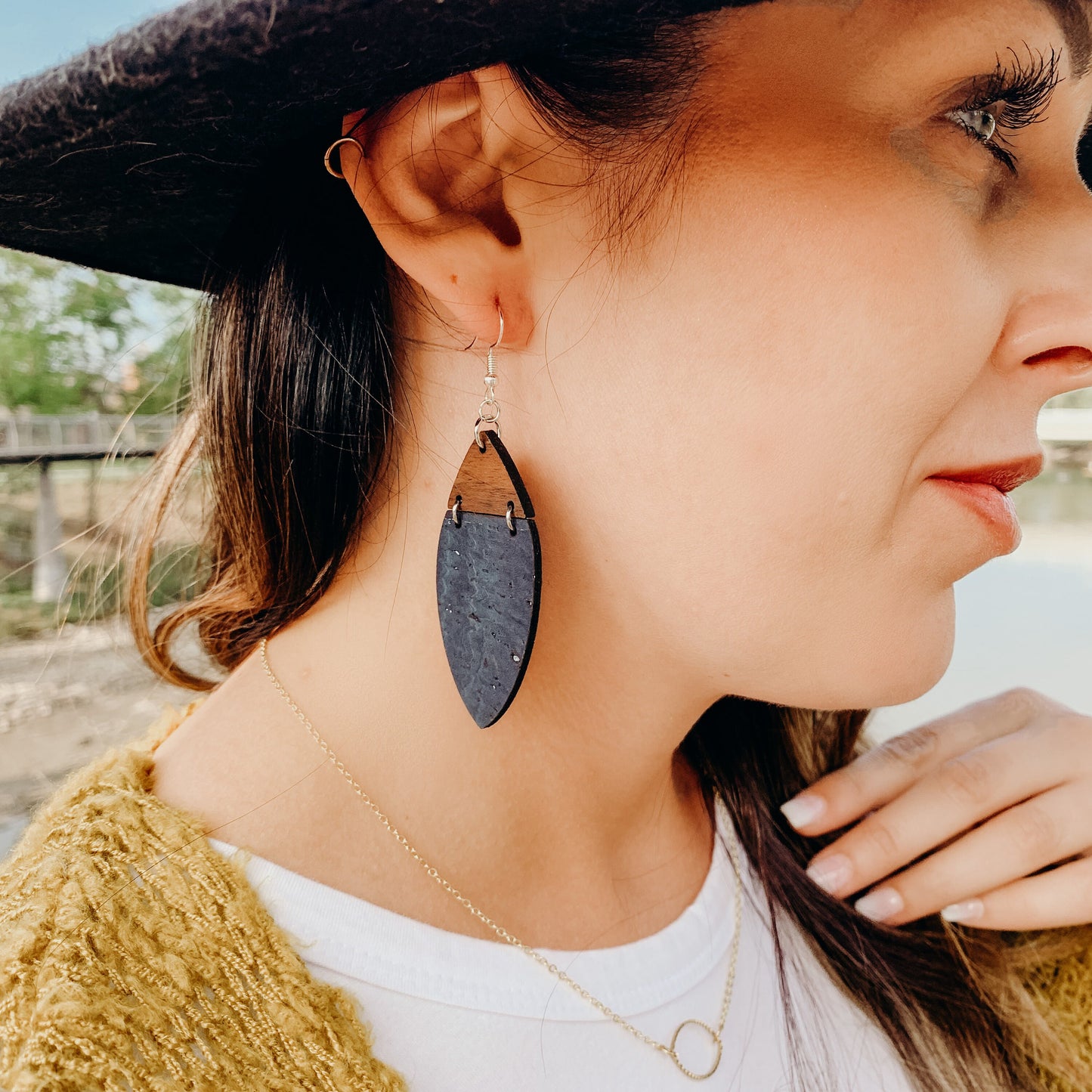 Boho Navy Cork & Walnut Wood Earrings  - Lightweight