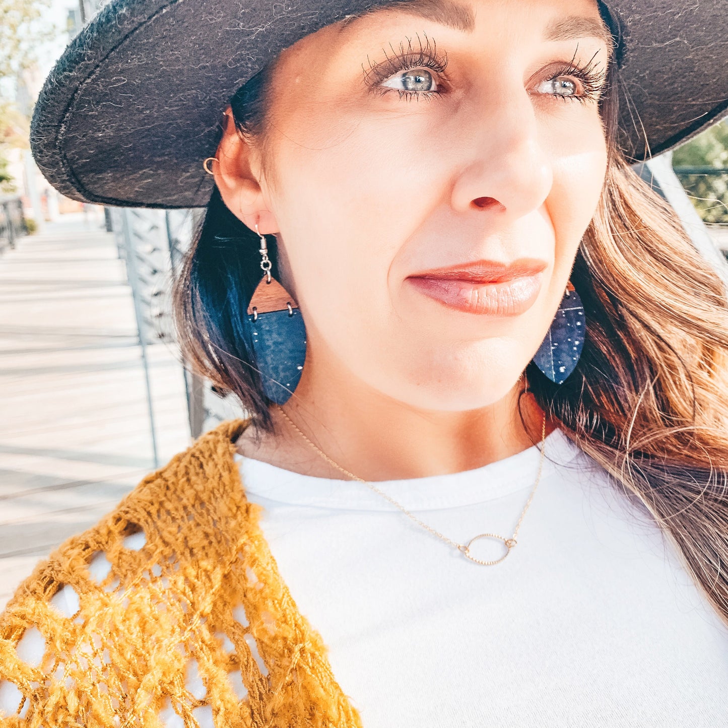Boho Navy Cork & Walnut Wood Earrings  - Lightweight