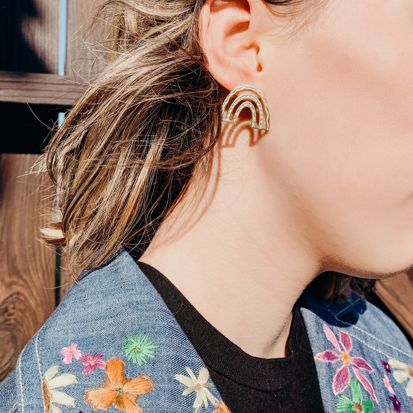 Boho Rainbow Brass Stud Earrings, Minimalist - Metal Collection