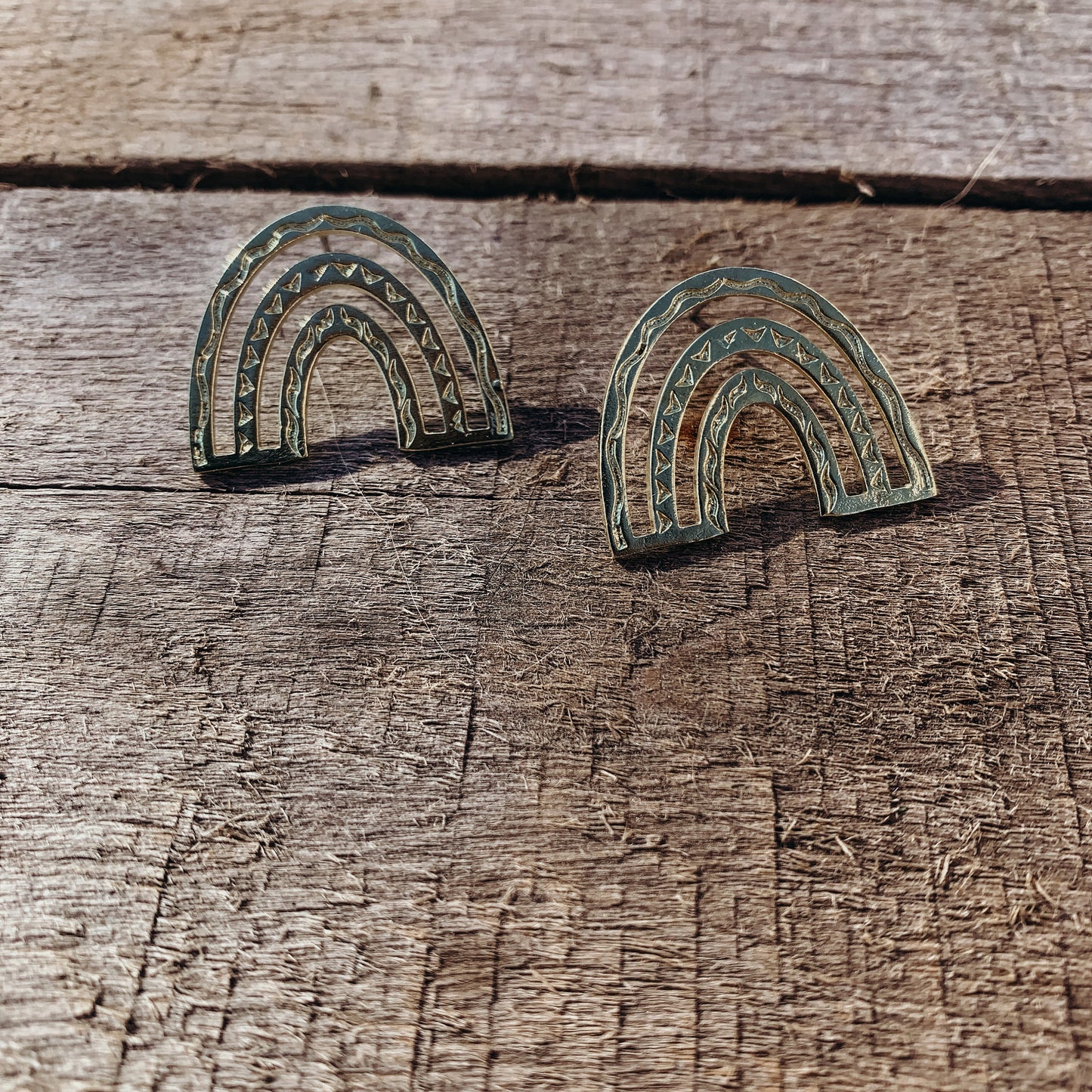 Boho Rainbow Brass Stud Earrings, Minimalist - Metal Collection