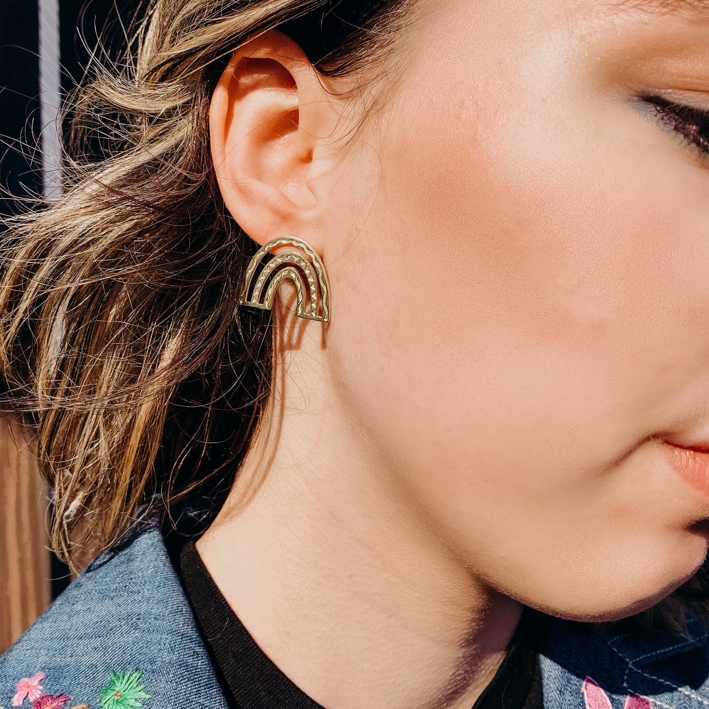 Boho Rainbow Brass Stud Earrings, Minimalist - Metal Collection