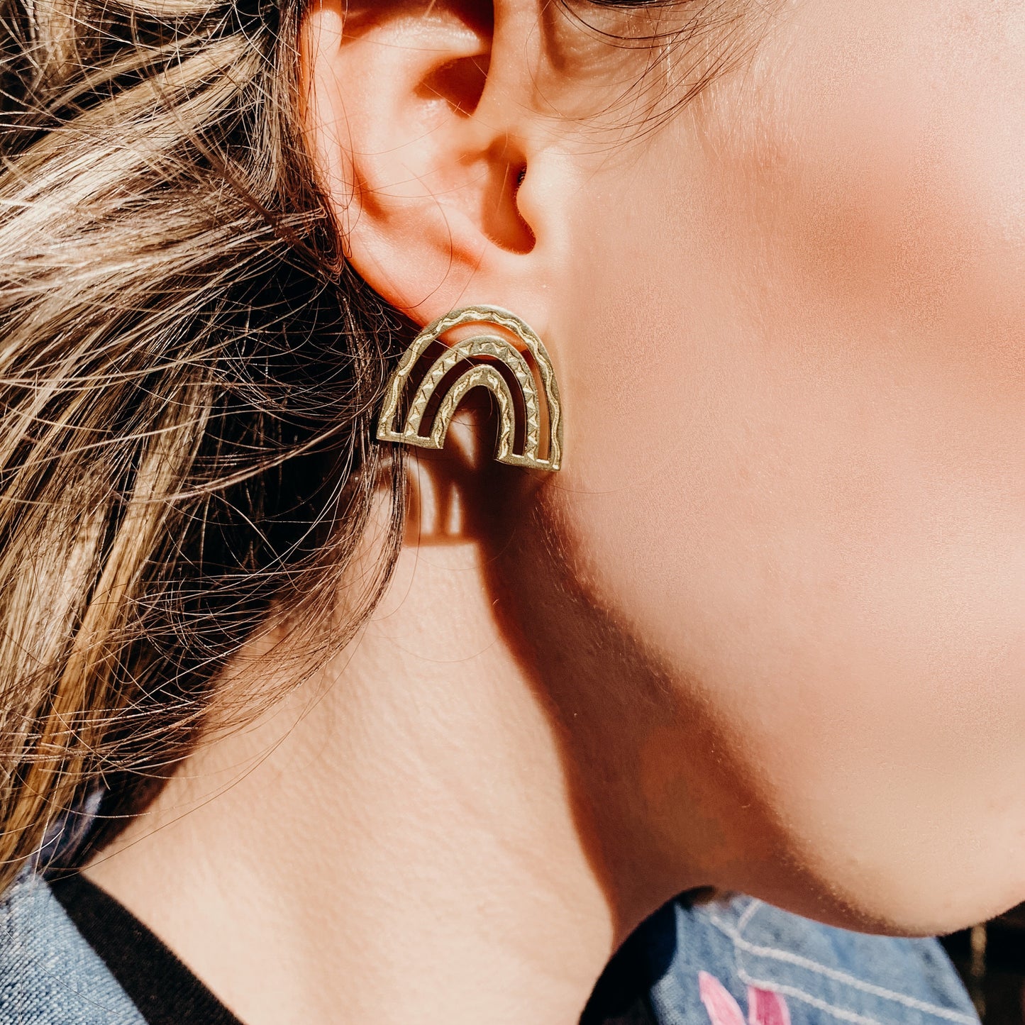 Boho Rainbow Brass Stud Earrings, Minimalist - Metal Collection