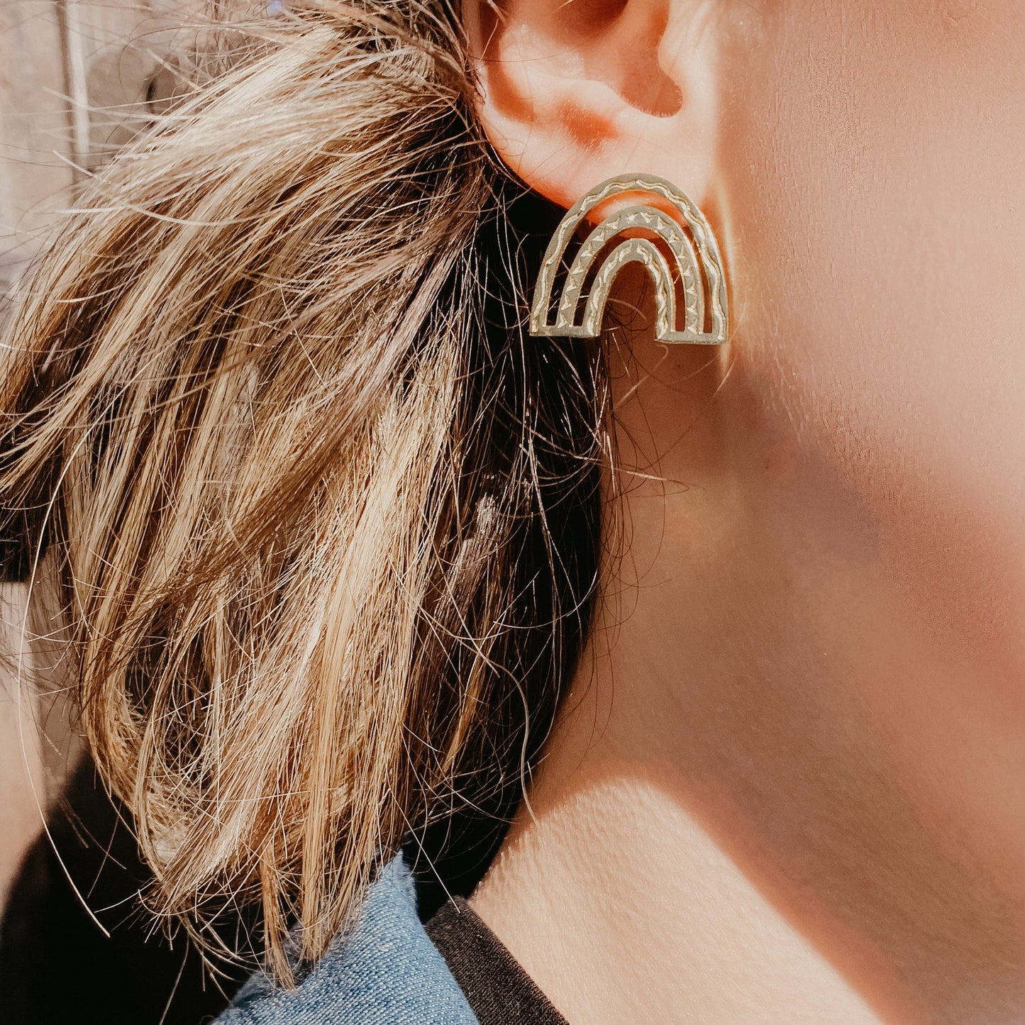 Boho Rainbow Brass Stud Earrings, Minimalist - Metal Collection