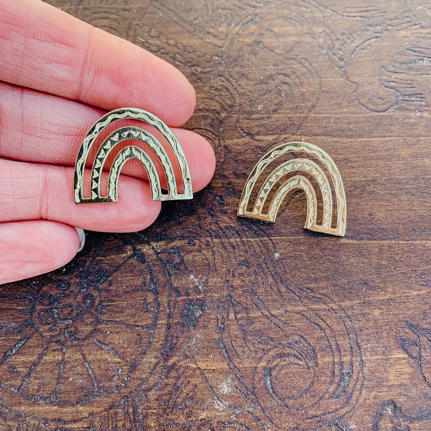 Boho Rainbow Brass Stud Earrings, Minimalist - Metal Collection