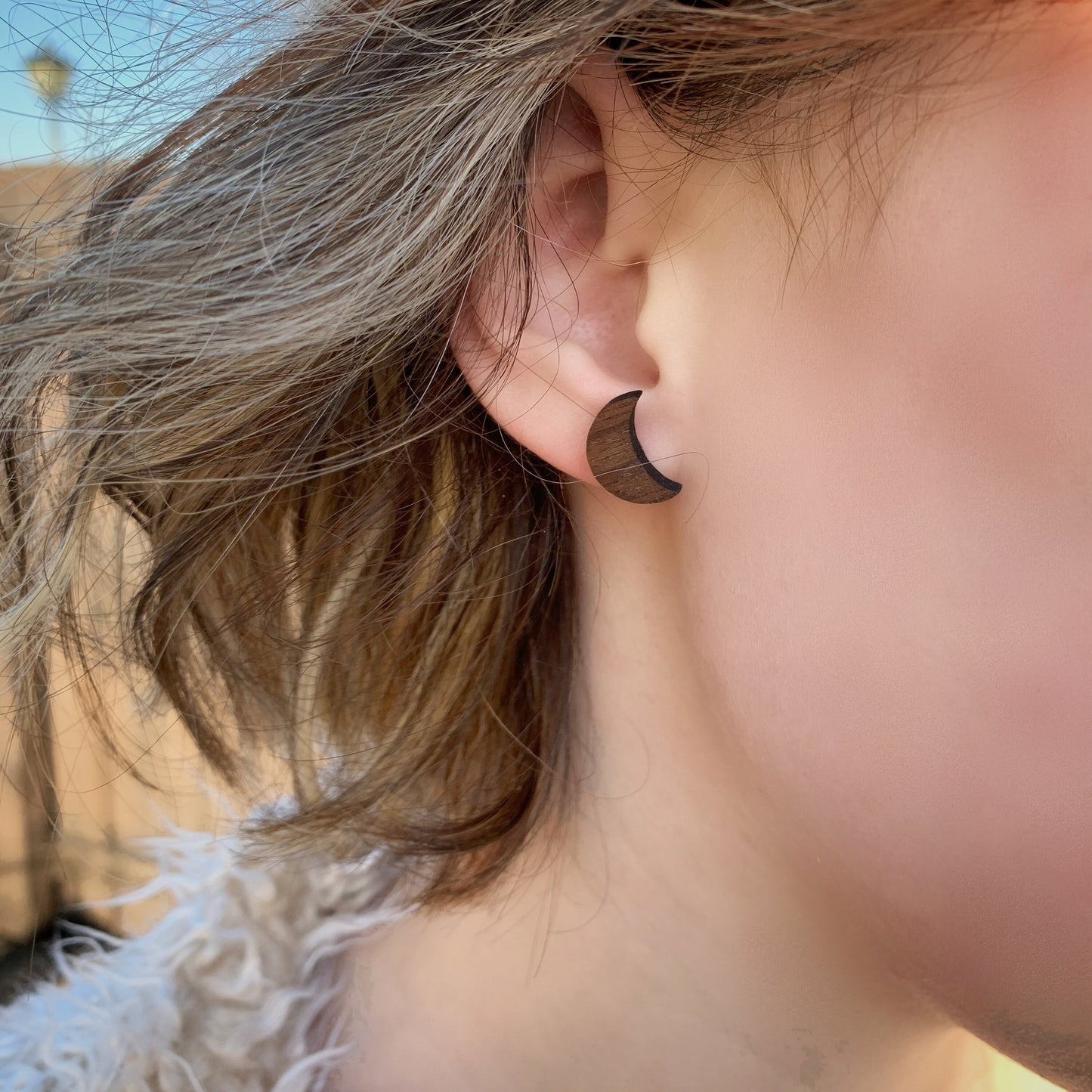 Boho Moon Walnut Wood Stud Earrings, Boho, Minimalist