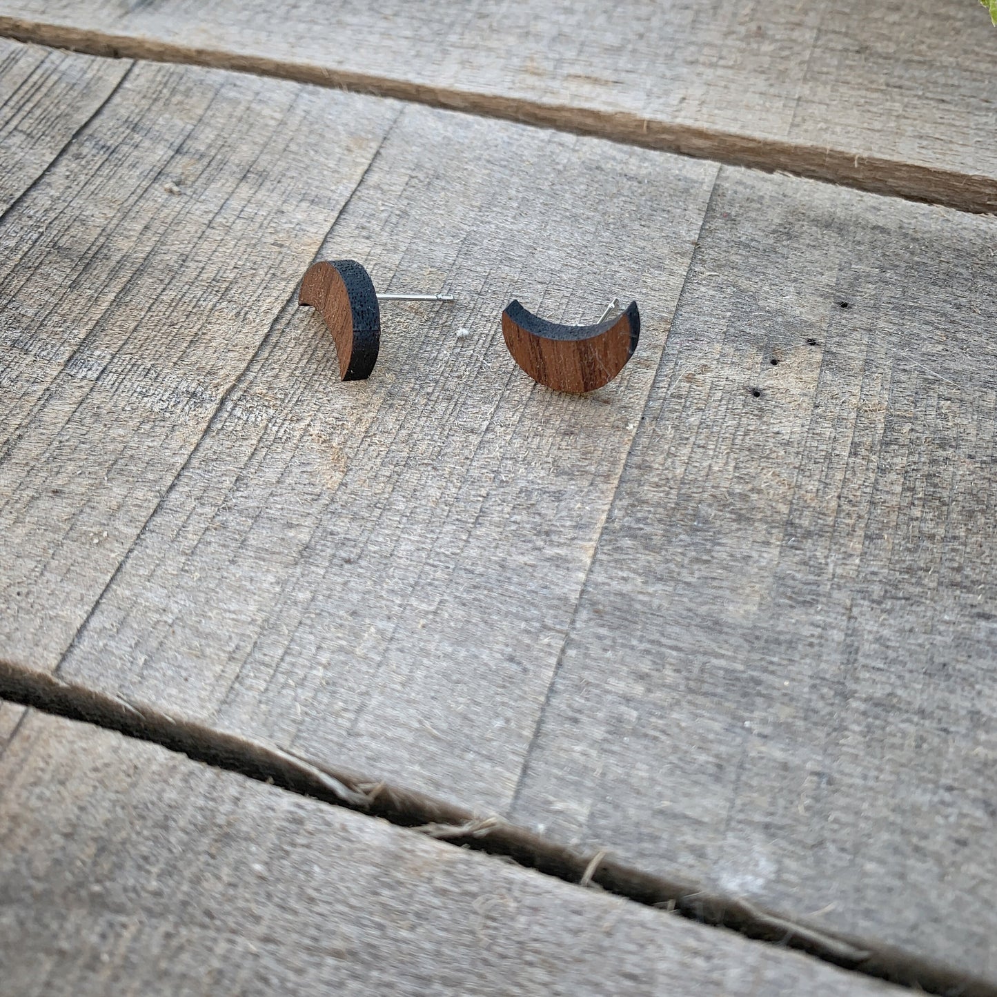 Boho Moon Walnut Wood Stud Earrings, Boho, Minimalist