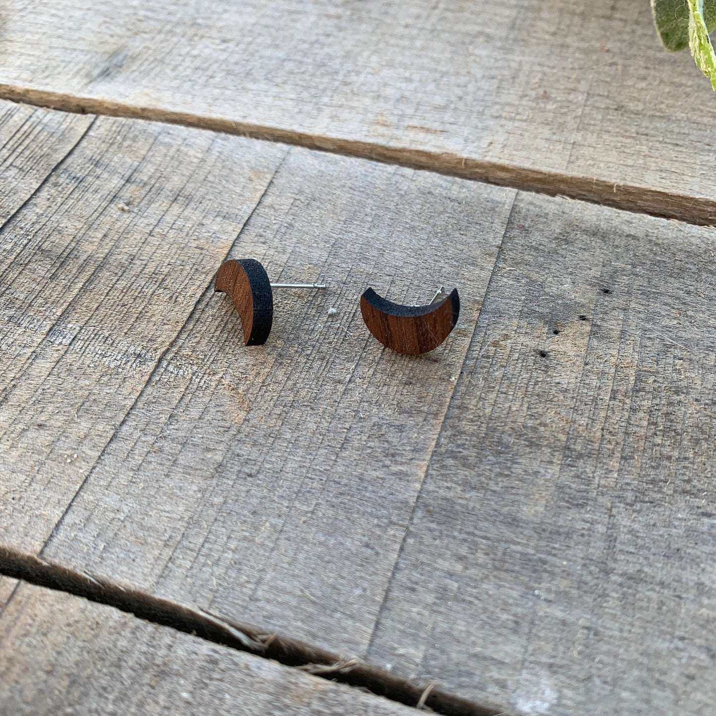 Boho Moon Walnut Wood Stud Earrings, Boho, Minimalist