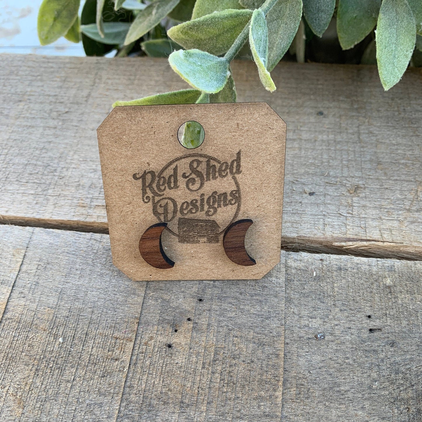 Boho Moon Walnut Wood Stud Earrings, Boho, Minimalist