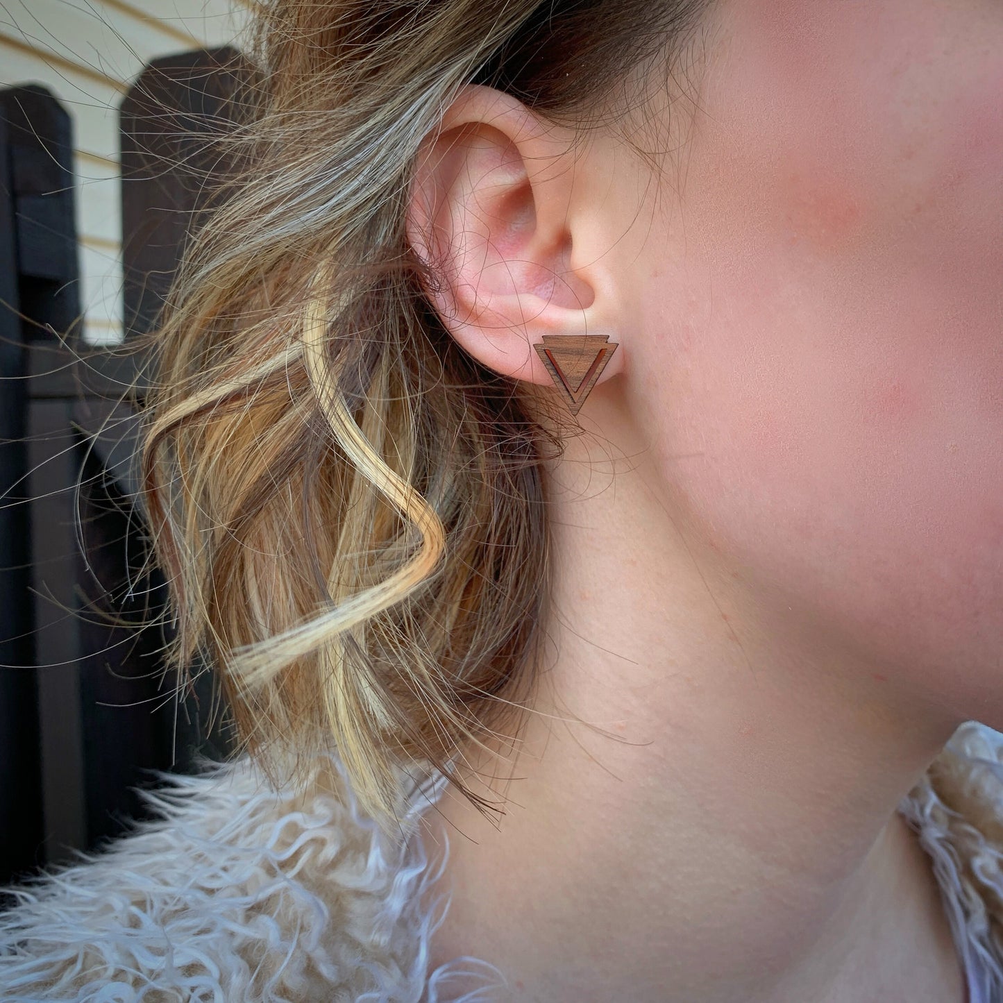 Geometric Triangle Walnut Wood Stud Earrings, Boho, Minimalist