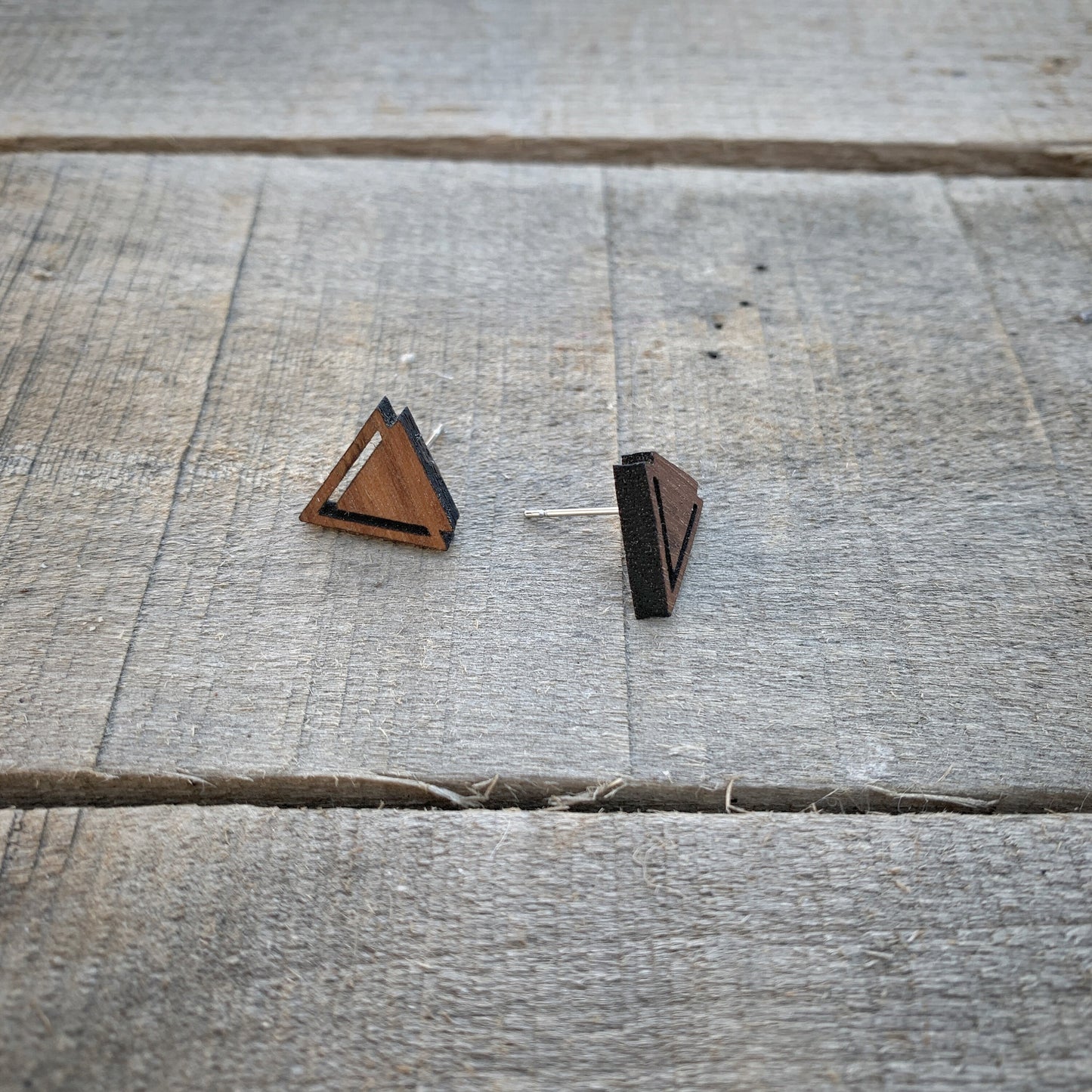 Geometric Triangle Walnut Wood Stud Earrings, Boho, Minimalist