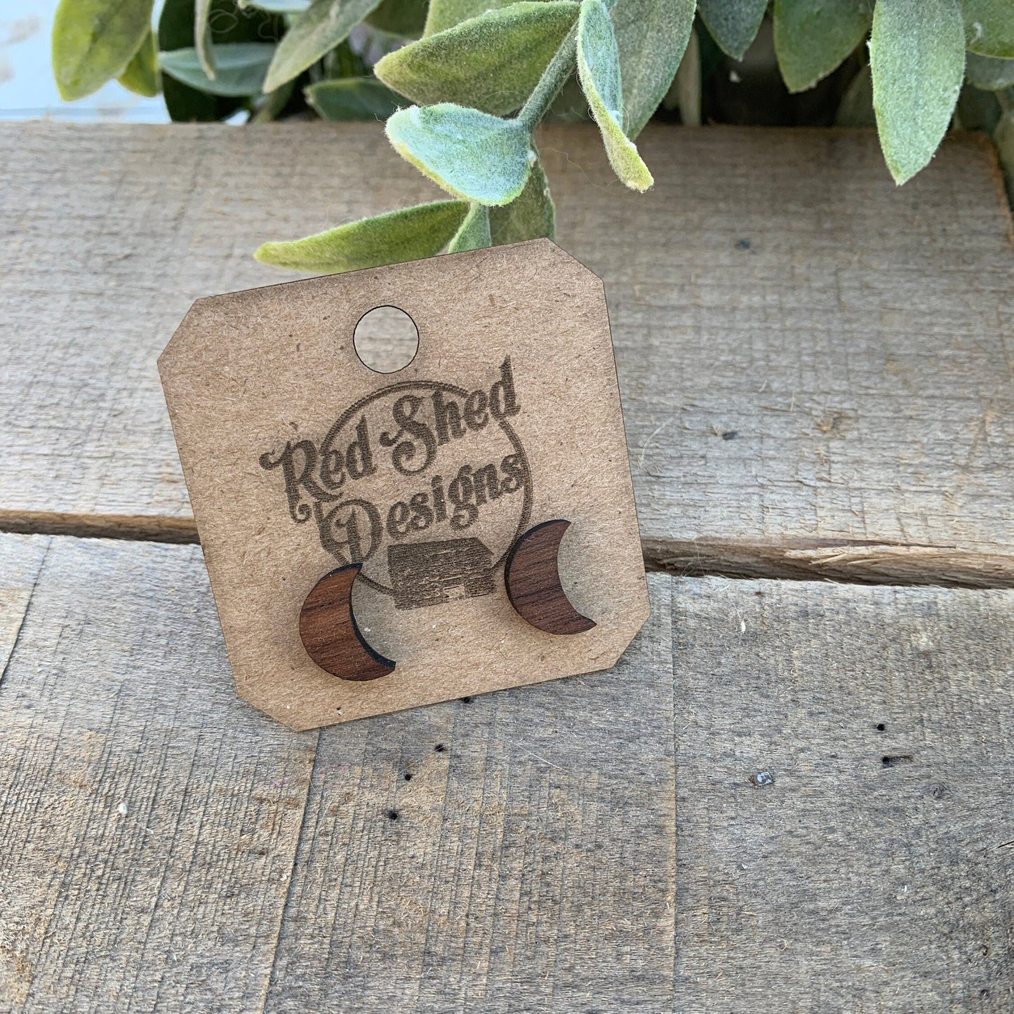 Boho Moon Walnut Wood Stud Earrings, Boho, Minimalist