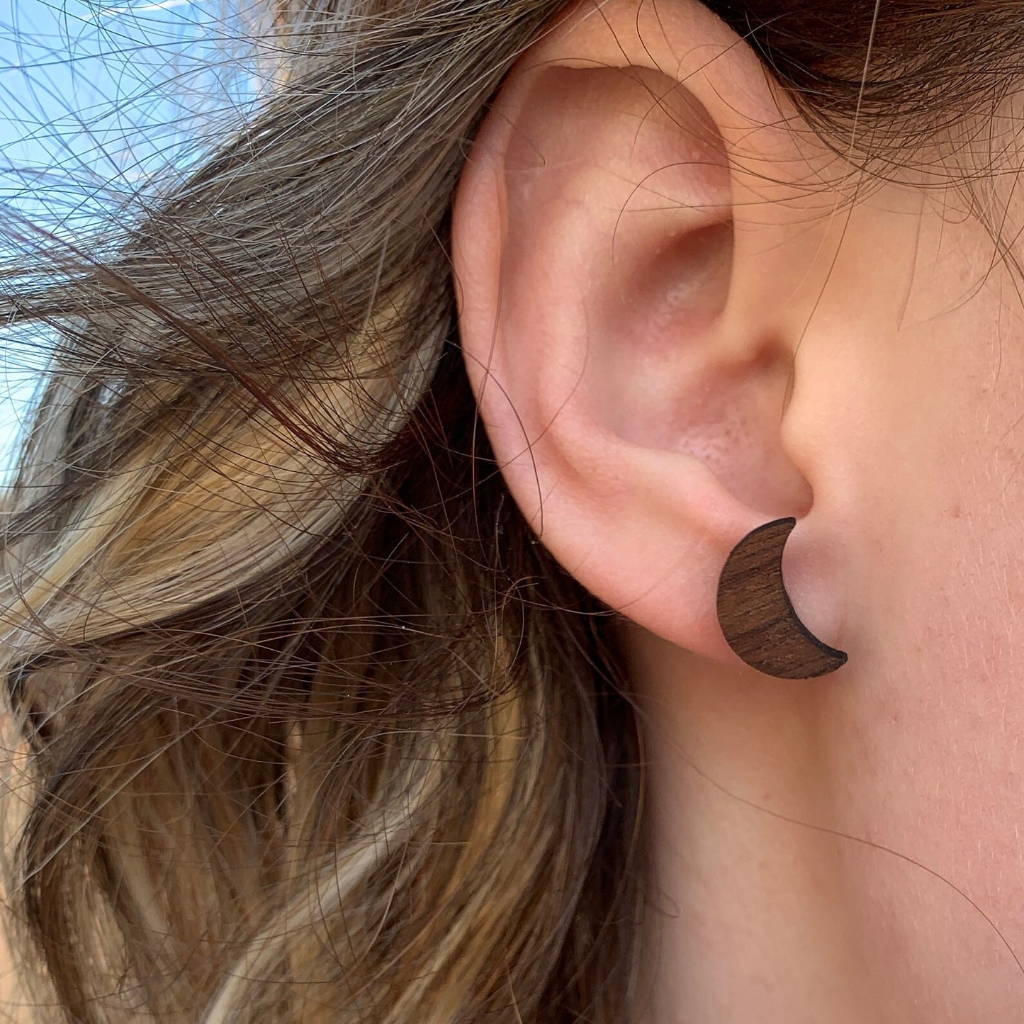 Boho Moon Walnut Wood Stud Earrings, Boho, Minimalist