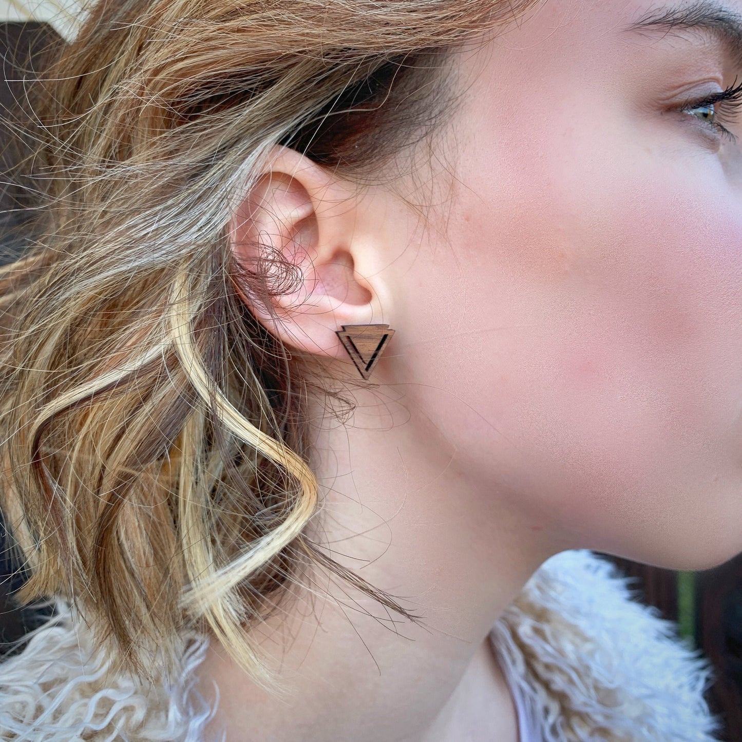 Geometric Triangle Walnut Wood Stud Earrings, Boho, Minimalist