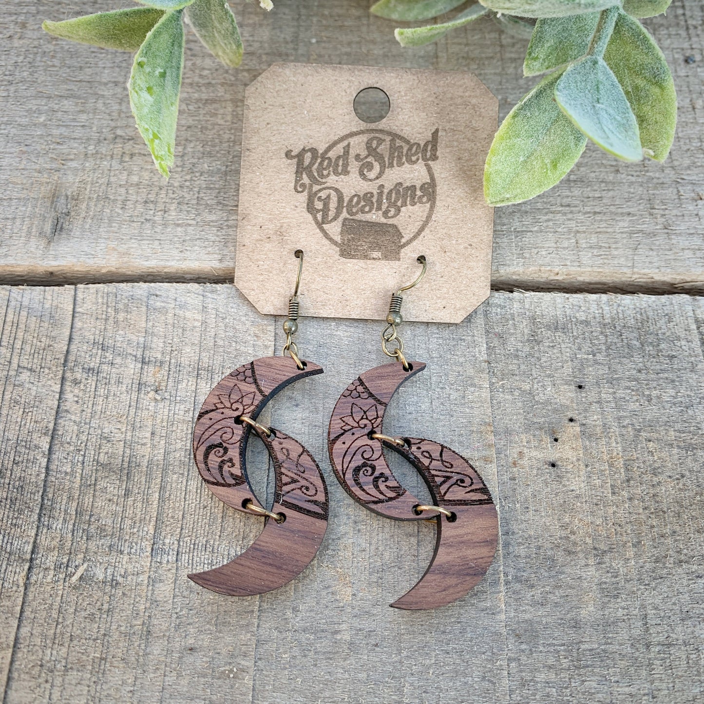 Double Moon Walnut Wood Boho Earrings, Natural, Lightweight - Celestial