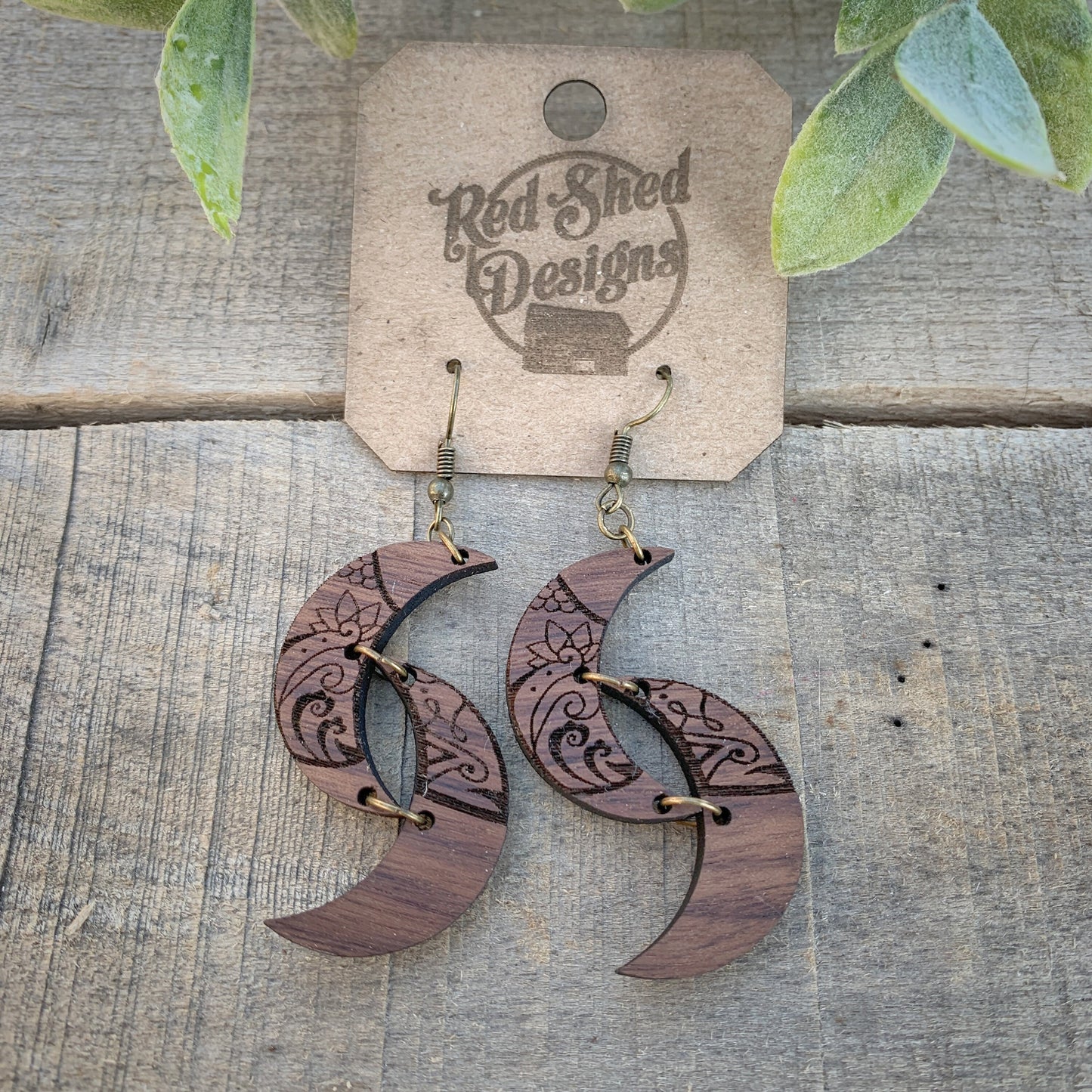 Double Moon Walnut Wood Boho Earrings, Natural, Lightweight - Celestial